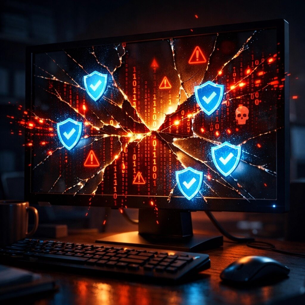 A computer screen displays digital shields and warning symbols, depicting a cybersecurity breach or hacking attempt.